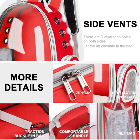 Cat Backpack Carrier, Cats and Small Dogs, Space Capsule Bubble Backpack, Pet Carrier, Airline Approved, Ventilate Transparent Travel Carrier for Hiking, Travel, Ourdoor - Red
